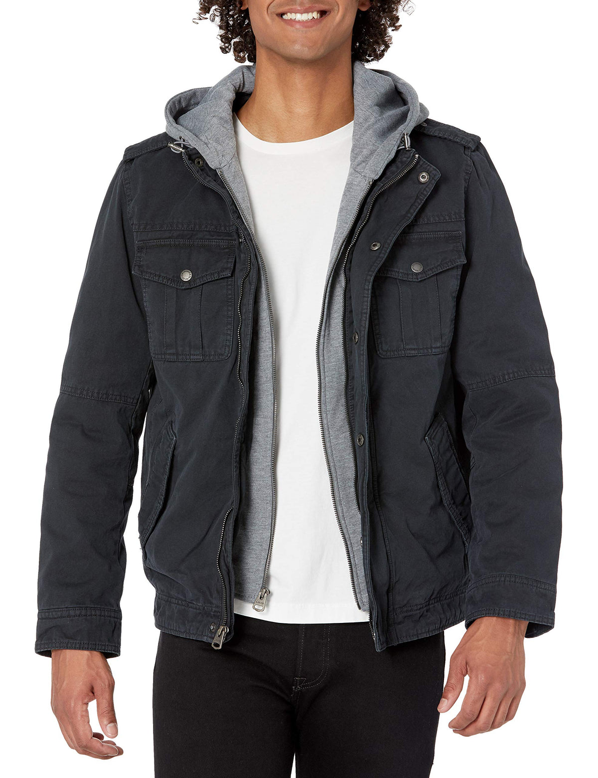 Levi's Men's Washed Cotton Military Jacket with Removable Hood (Standard and Big & Tall), Navy/Polytwill Lined, Large