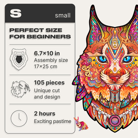 UNIDRAGON Original Wooden Jigsaw Puzzles - Gentle Lynx, 105 pieces, Small Size 6.7" ?10, Beautiful Gift Package, Unique Shape Best Gift for Adults and Kids