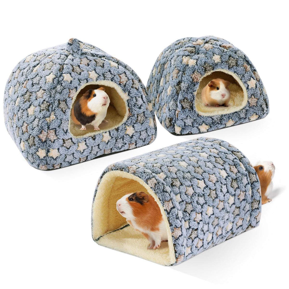 MABOZOO 3 Pack Guinea Pig Hideout Tunnel,Two Guinea Pig Bed with Guinea Pig Tunnel for Small Animals,Cozy Guinea Pig House Accessories for Hamster, Rabbit, Bunny,Chinchillas(Blue)