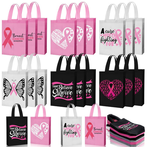 Silkfly 60 Pcs Breast Cancer Awareness Tote Bags Bulk Reusable Pink Ribbon Gift Bag with Handle Non Woven Grocery Shopping Bags Breast Cancer Survivor Party Supplies for Women 9.84 x 13.78 Inch