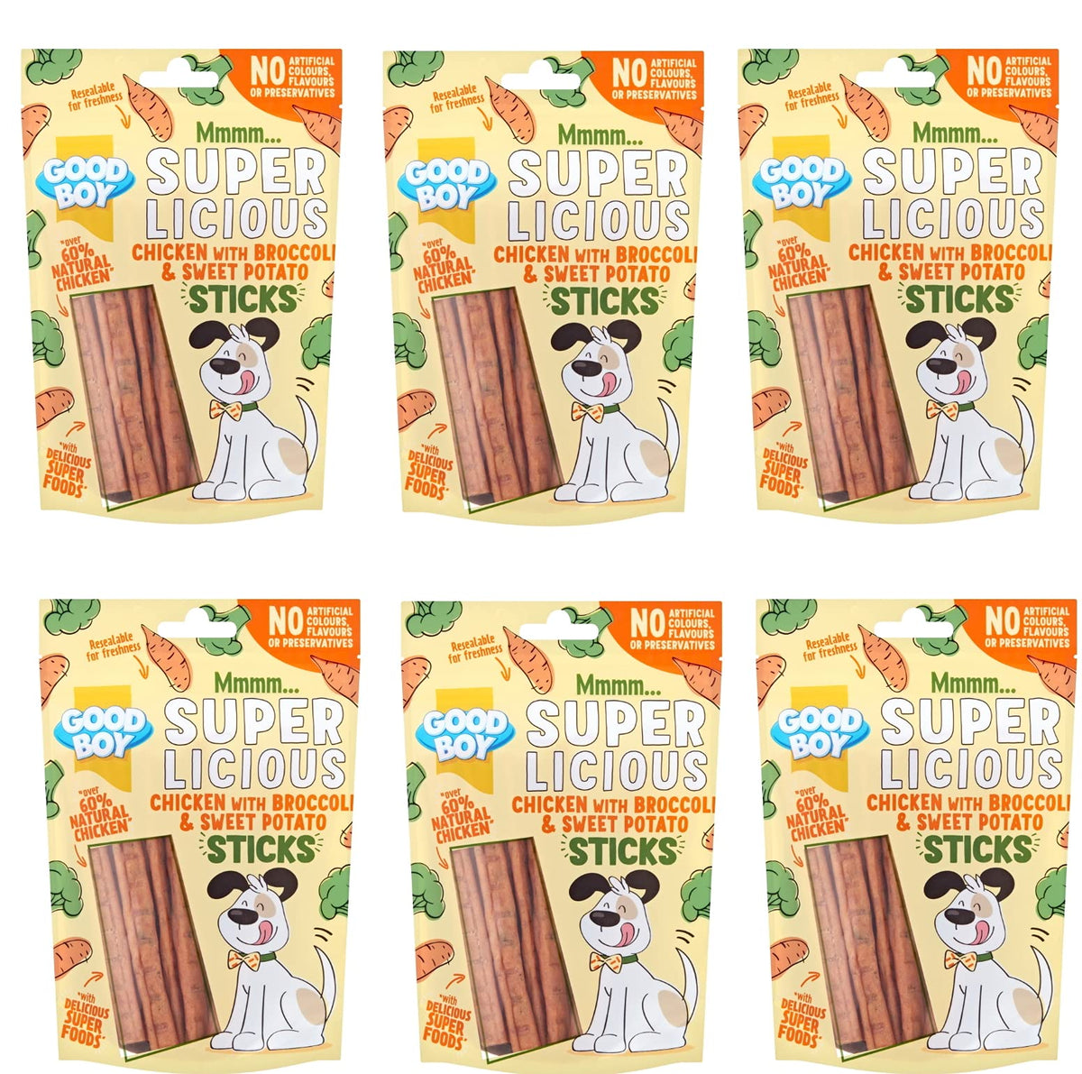 GOODBOY SUPER LICIOUS NATURAL MEAT DOG PUPPY TREAT SOFT CHEW STICKS,CHICKEN WITH APPLE & CRANBERRY, CHICKEN WITH BROCCOLI & SWEET POTATO, 100G (CHICKEN WITH BROCCOLI & SWEET POTATO, 6 PACK)