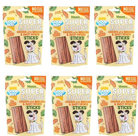 GOODBOY SUPER LICIOUS NATURAL MEAT DOG PUPPY TREAT SOFT CHEW STICKS,CHICKEN WITH APPLE & CRANBERRY, CHICKEN WITH BROCCOLI & SWEET POTATO, 100G (CHICKEN WITH BROCCOLI & SWEET POTATO, 6 PACK)