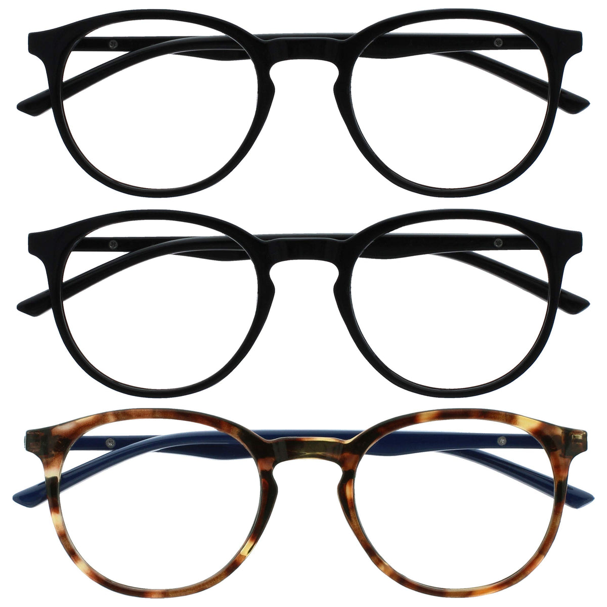 OPULIZE Met - Reading Glasses with Blue Light Blocking 3 Pack Slim Round Frame Scratch Resistant Spring Hinges Improve Sleep Computer Gaming Anti-Reflective Black Brown Mens Womens BBB60-112 +2.00
