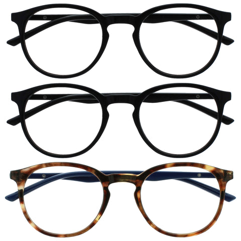 OPULIZE Met - Reading Glasses with Blue Light Blocking 3 Pack Slim Round Frame Scratch Resistant Spring Hinges Improve Sleep Computer Gaming Anti-Reflective Black Brown Mens Womens BBB60-112 +2.00