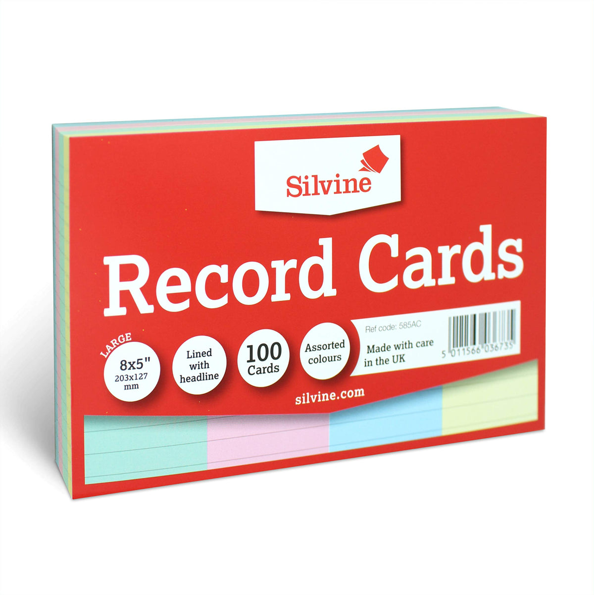 Silvine 8x5" Multi-coloured Record Cards - Lined with headline, 100 cards per pack. Ref 585AC (203 x 127mm)