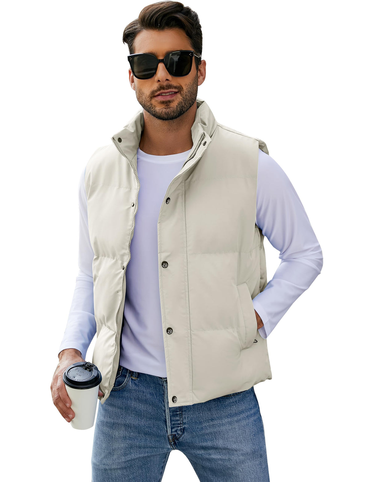 Flygo Mens Puffer Vest Winter Padded Vests Lightweight Stand Collar Sleeveless Jacket Outerwear(LightKhaki-XS)