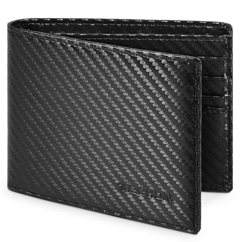 TEEHON Wallets Mens RFID Blocking Carbon Fibre Leather Wallets for Men UK, Mens Wallets with 10 Credit Card Holder, 2 ID Windows, 2 Banknote Compartments, Bi-Folded Card Wallet with Gift Box- Black