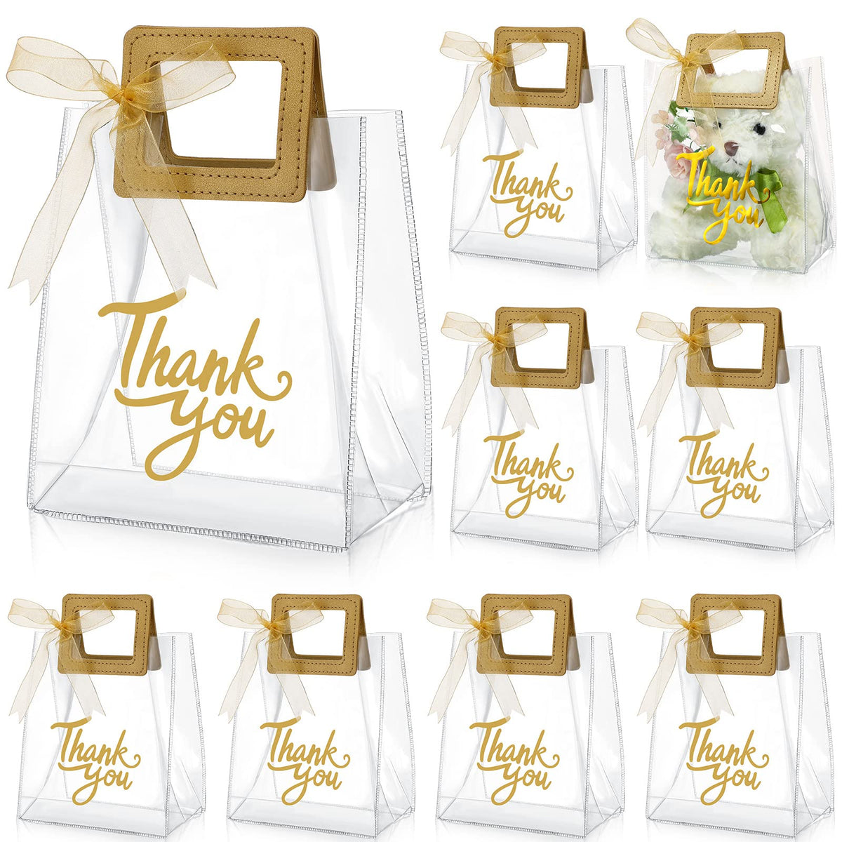 Sabary 12 Pcs Clear Gift Bags with Handle Thank You Gift Handbags Transparent PVC Wrap Bags Reusable Heavy Duty Tote Bags for Bridal Party Baby Shower Wedding Birthday 7 x 4 x 8 Inch(Gold)