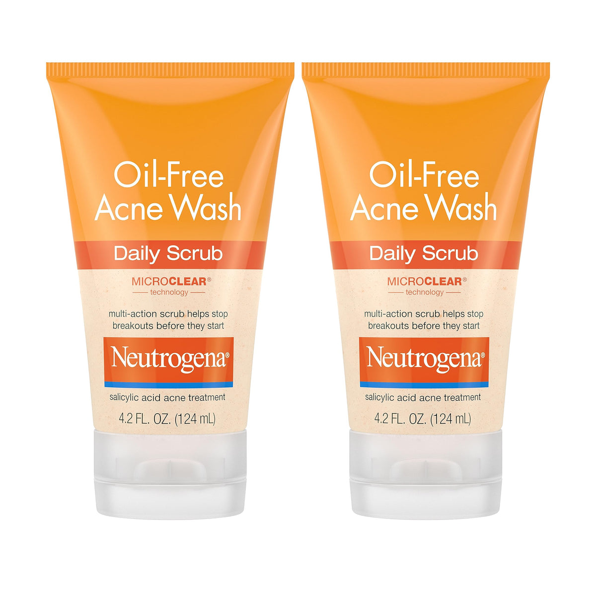 Neutrogena Oil-Free Acne Face Scrub, 2% Salicylic Acid Acne Treatment, Daily Face Wash to help Prevent Breakouts, Exfoliating Facial Cleanser for Acne-Prone Skin, Twin Pack, 2 x 4.2 fl. Oz
