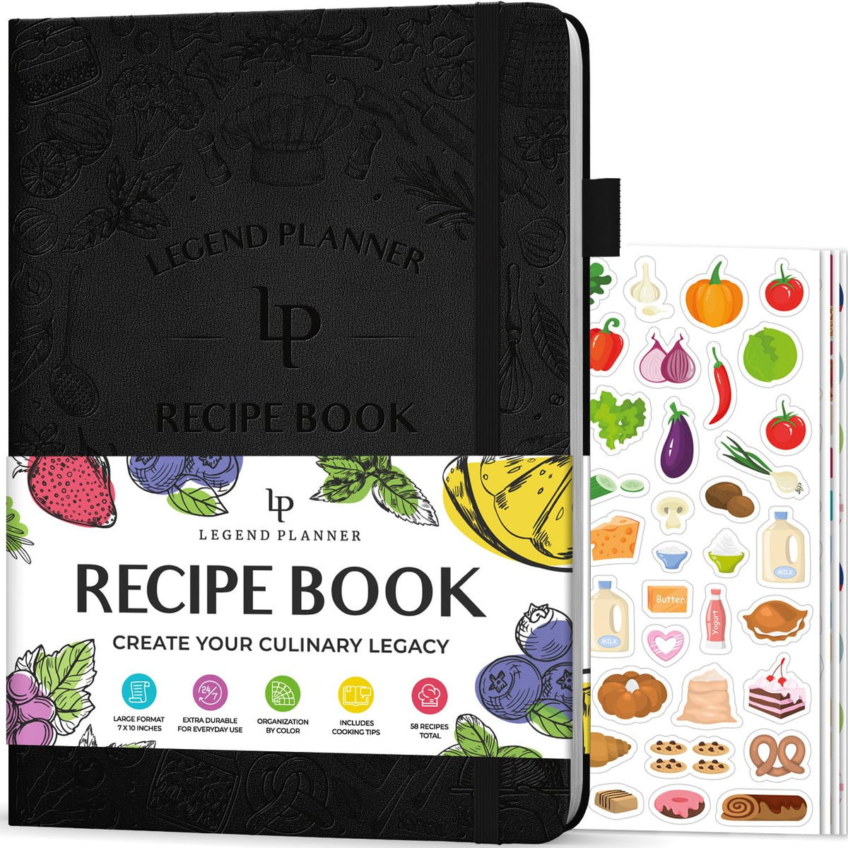 Legend Recipe Book - Blank Family Cookbook to Write In Your Own Recipes - Empty Cooking Journal - Personalized Cooking Notebook, Hardcover, Large 18x25.5cm Format, 58 Recipes Total - Black