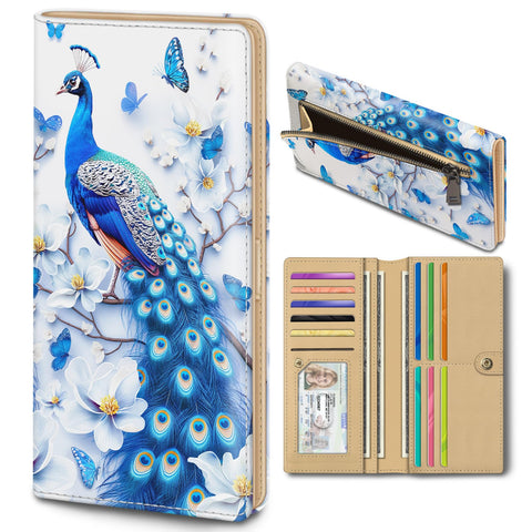 Immaturus Womens Wallet, Peacock Slim Thin RFID Blocking Card Wallets, Bifold PU Leather Credit Card Holder Organizer, Cute Cash Clutch Long Billfold with Zipper Coin Pocket Ladies Girls Gift