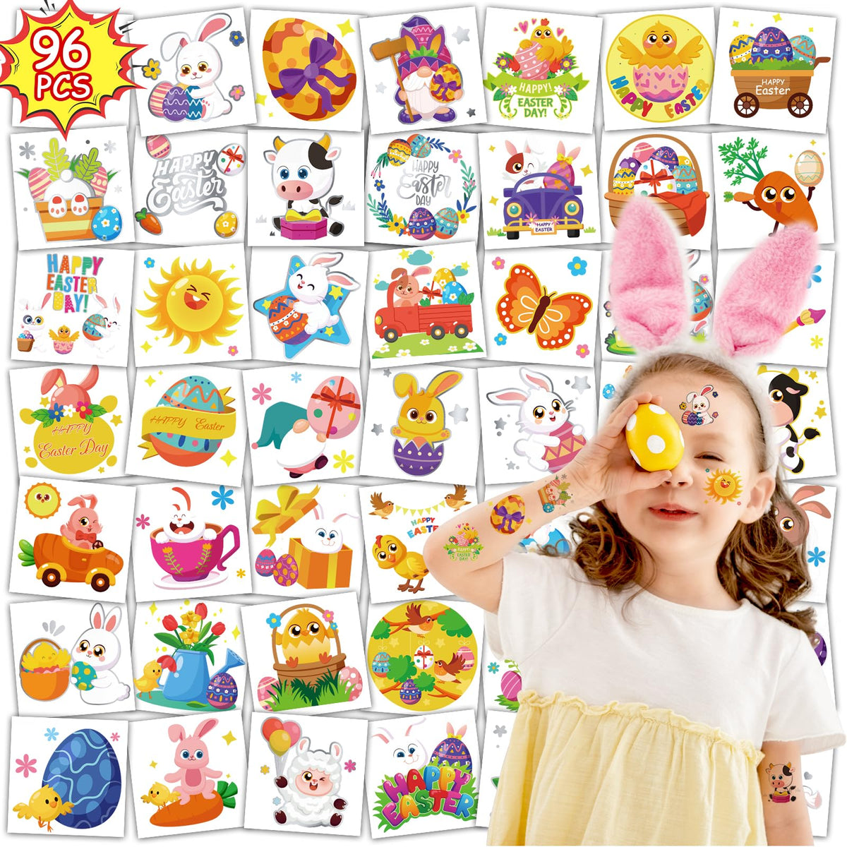 Konsait 96 PCS Easter Temporary Tattoos for Kids, Pre-cut Fake Tattoos Easter Tattoos Hot Silver Stamping Kid Tattoos Temporary Eggs Bunny Tattoos Easter Basket Stuffers Prizes for Kids Adult