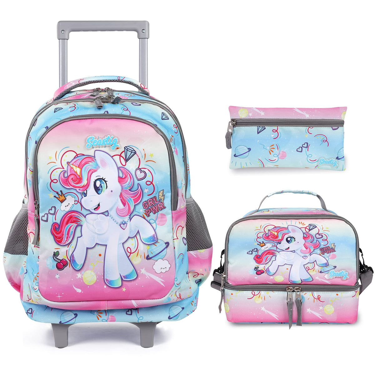 seastig Rolling Backpack 18in Double Handle Backpack Kids Wheeled Backpack Roller Backpack with Lunch Bag Set Girls Boys, Little unicorn