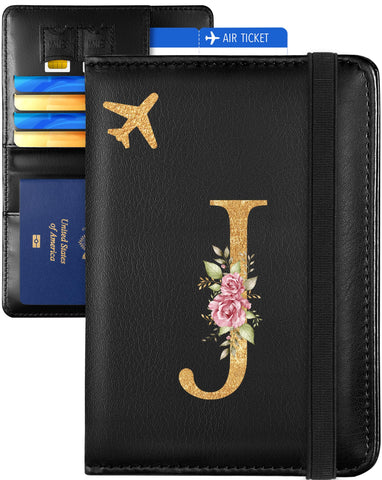 Slohif Initial Passport Holder Cover Wallet Case for Travel Women - Leather Letter Passport Book Family Multiple Personalized Organizer Card Slots Protector Sleeve Essentials Slim Carrier J Black