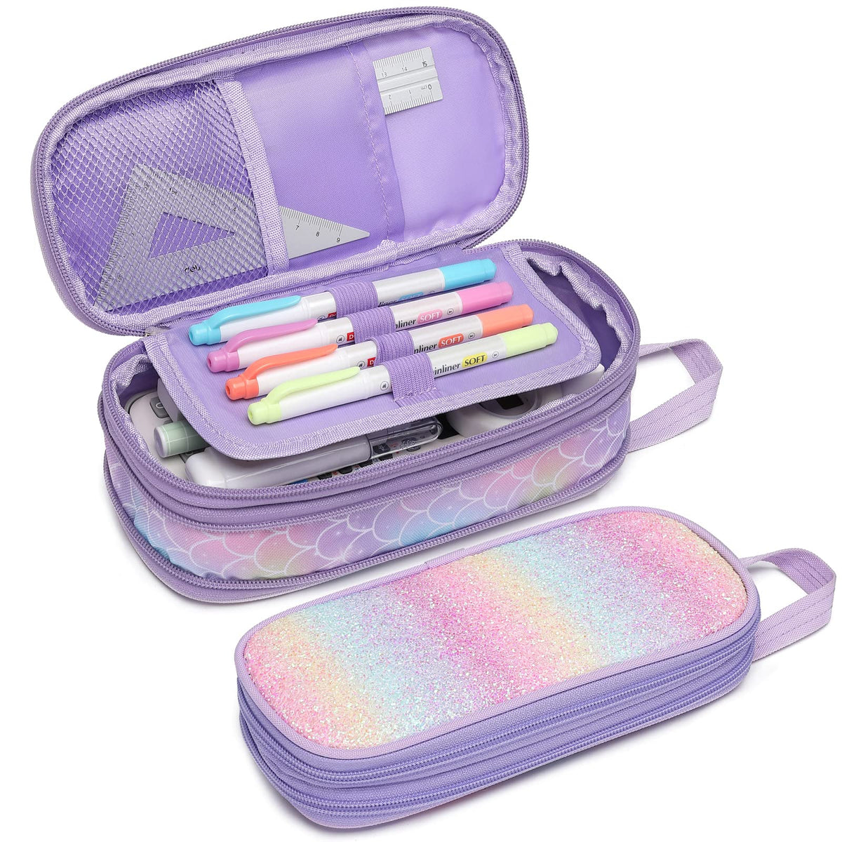Bagseri Pencil Case for Girls - Large Pencil Case Cute Pencil Case with Zip Closure for Kids Girls Student School (Purple, Mermaid)