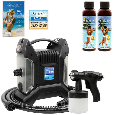 Ultra Pro T85-QC High Performance Sunless Turbine Spray Tanning System; 4 oz. Belloccio Simple Tan 8% DHA Medium & 12% DHA Dark Solutions & Video Link