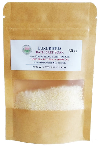 ATTIS Luxurious Bath Salt Soak with Ylang Ylang Essential Oil, Magnesium Oil, Dead Sea Salt | Vegan | Hand made | Relaxing | Refreshing | Calming (30g)