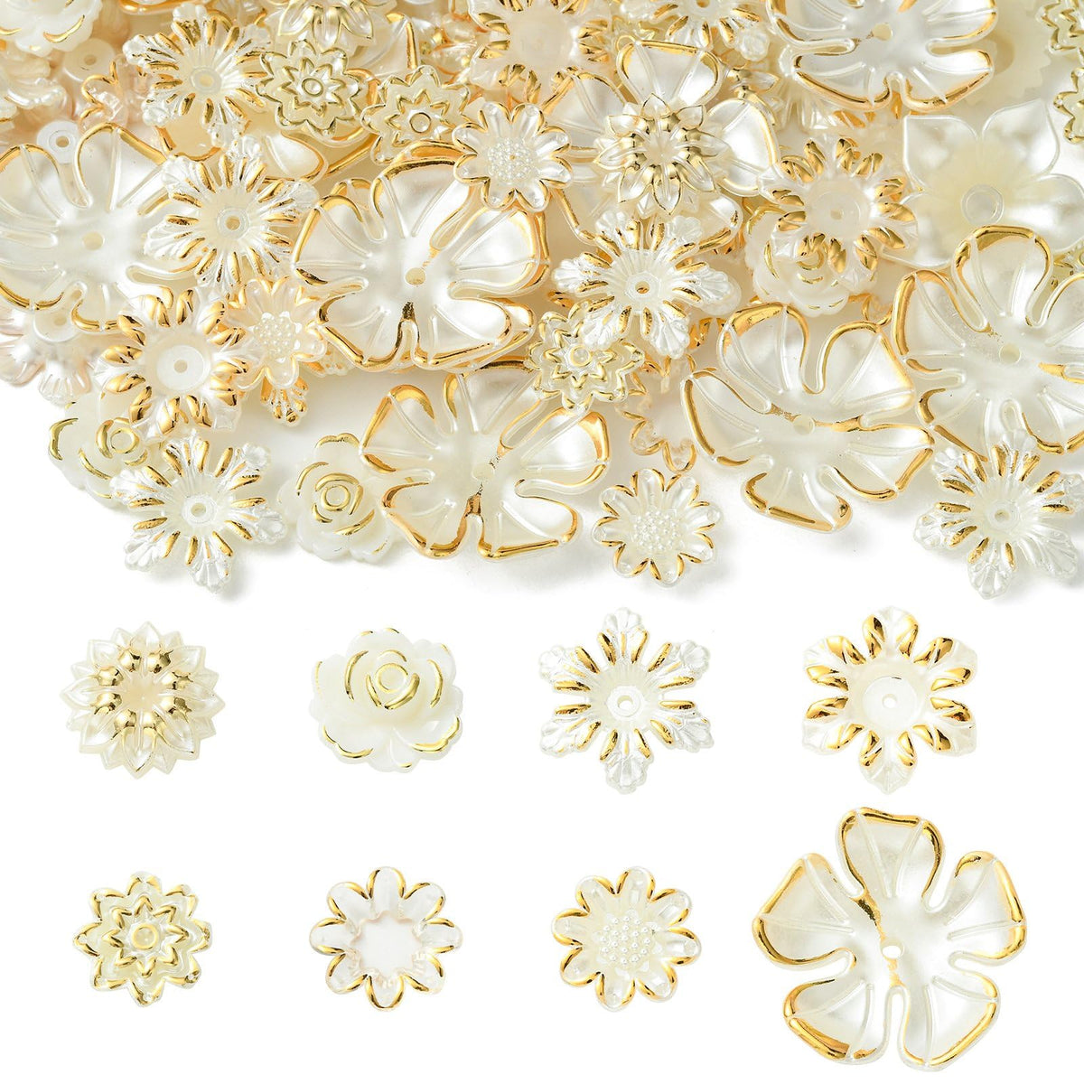 Stiesy 160Pcs 8 Styles White Flower Bead Caps Imitation Shell Peal Spacer Beads Cherry Blossom End Caps ABS Plastic Floral Beads Bulk for Jewellry Making Bracelet Necklace Crafts Earring DIY