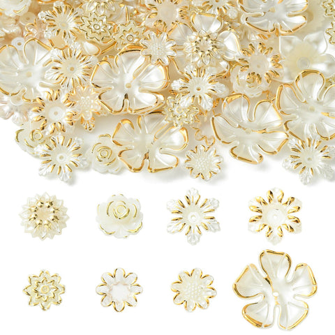 Stiesy 160Pcs 8 Styles White Flower Bead Caps Imitation Shell Peal Spacer Beads Cherry Blossom End Caps ABS Plastic Floral Beads Bulk for Jewellry Making Bracelet Necklace Crafts Earring DIY