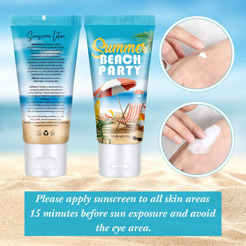 Dansib 24 Pcs Mini Sunscreen Bulk for Summer Wedding Party Spf 30 Water Resistant Sunscreen Lotion Bulk 1oz Travel Size for Thank You Gifts Summer Wedding Party Supplies (White Cream,Beach)