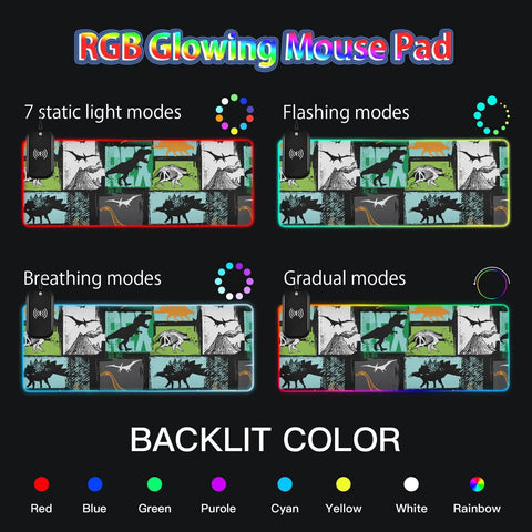 Dinosaurs Wireless Charging Mouse Pad for Mobile Phone Extra Large Gaming Mousepad with 13 Lighting Modes Computer Mat for Office Home Gaming MacBook PC Laptop Desk