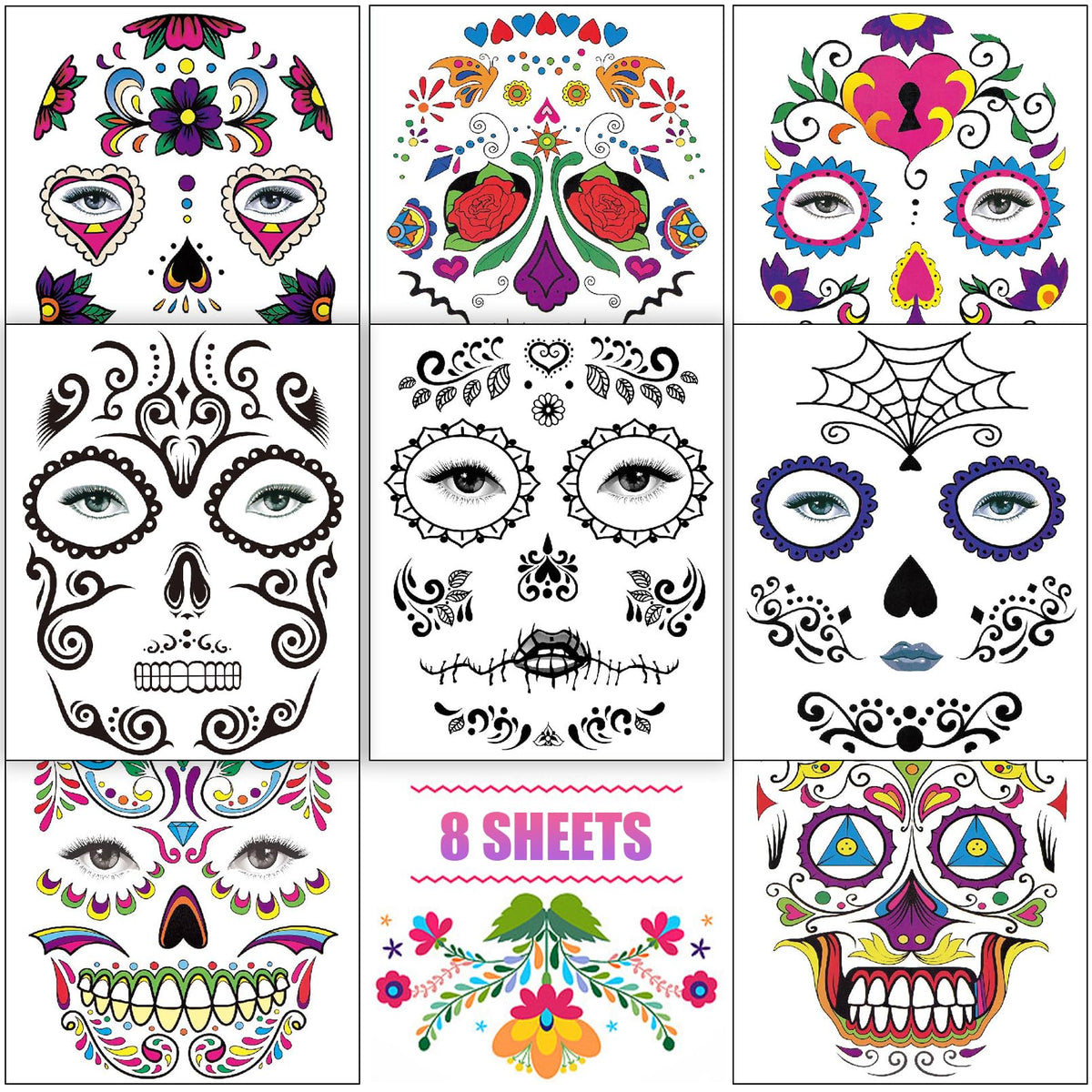 Day of The Dead Temporary Face Tattoos 8 Halloween Sheets Sugar Skull Stickers for Women Men Adults Black Skeleton Glitter Mexican Halloween Masquerade and Parties Decor Supplies