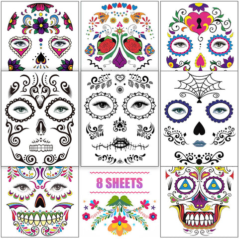 Day of The Dead Temporary Face Tattoos 8 Halloween Sheets Sugar Skull Stickers for Women Men Adults Black Skeleton Glitter Mexican Halloween Masquerade and Parties Decor Supplies