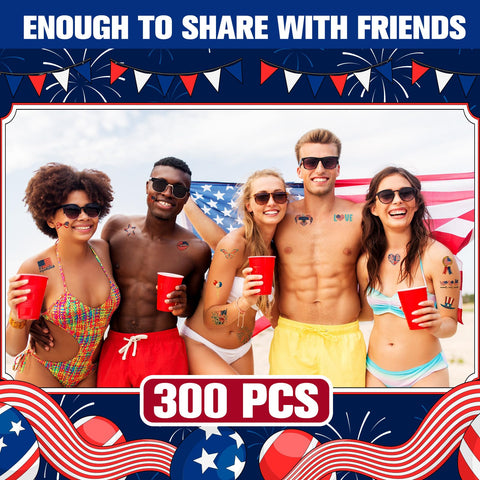 Swiffen 300 Pcs 4th of July Temporary Tattoos Stickers USA Red White and Blue Party Supplies Patriotic 4th of July Stickers Decorations for Independence Day Memorial Day Labor Day Party Favors