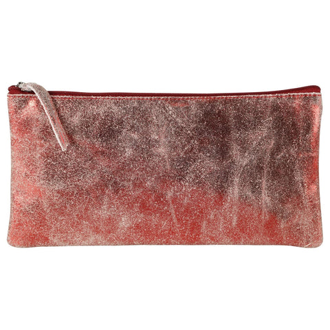 Clairefontaine - Ref 410069C - Ruby Suede Flat Pencil Case - 22 x 11cm, Made From Genuine Lambskin Leather, Metal Zip With Leather Puller - Shiny Red