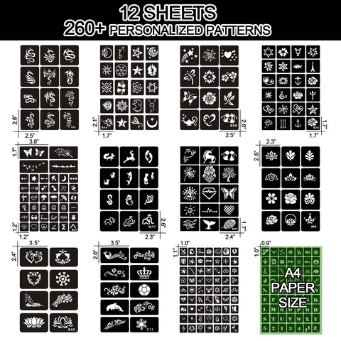 12 Sheets Henna Tattoo Stencils Kit Reusable for Women Girls and Kids, 300+ PCS Tattoo Templates,Temporary Indian Arabian Glitter Airbrush Tattoo Stencils for Face Body Paint DIY