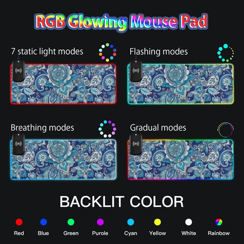 Flower Boho Paisley Wireless Charging Mouse Pad for Mobile Phone Extra Large Gaming Mousepad with 13 Lighting Modes Extended Desk Mat for Gaming MacBook PC Laptop Desk Office Home