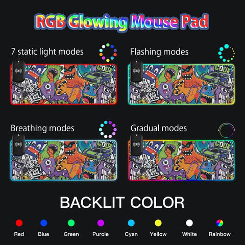 Cartoon Monsters Wireless Charging Mouse Pad for Mobile Phone Extra Large Gaming Mousepad with 13 Lighting Modes Keyboard Mat for Office Home Gaming MacBook PC Laptop Desk