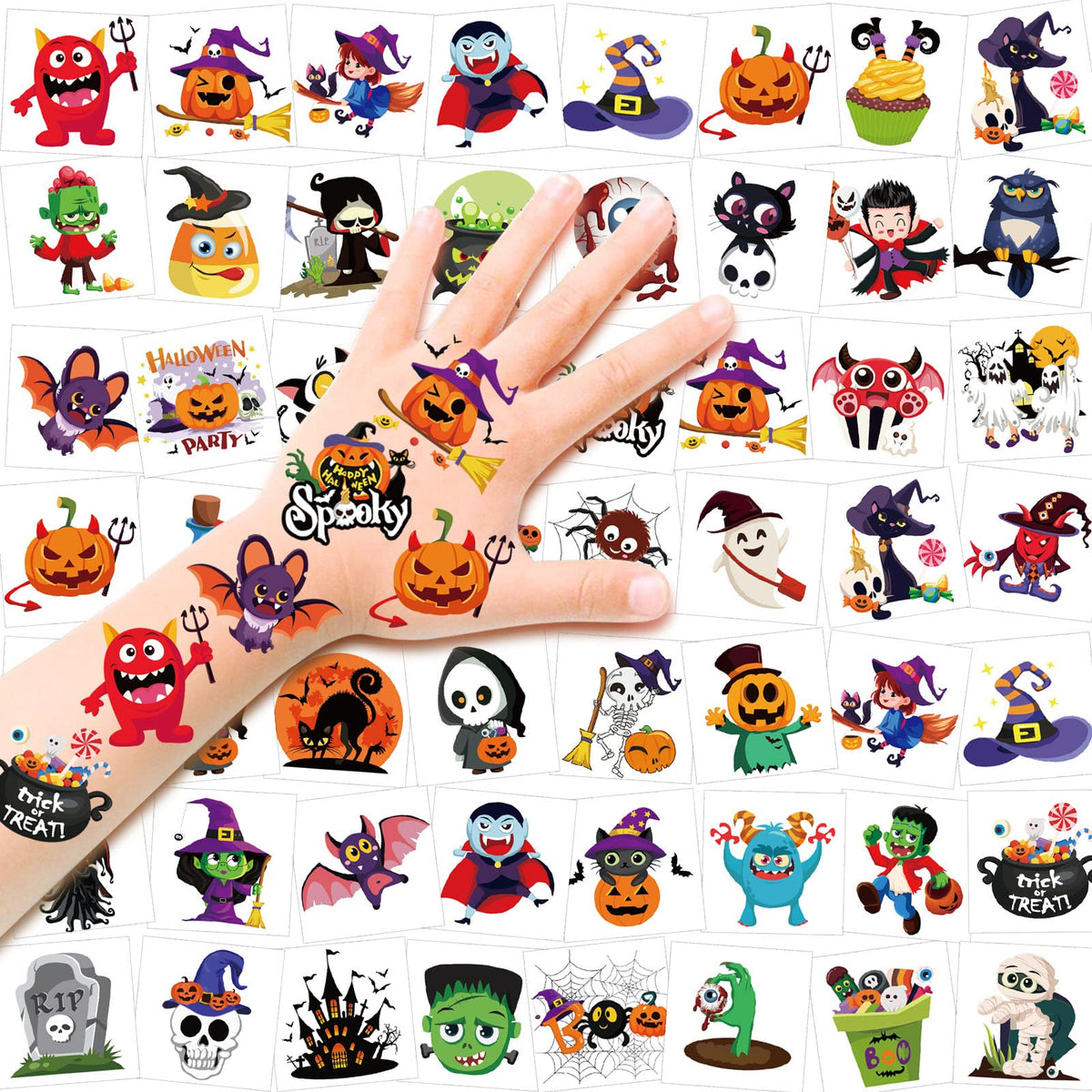 HOWAF Halloween Temporary Tattoos for Kids, 96 Pieces Halloween Fake Tattoos Pumpkin Bat Spider Patterns for Halloween Party Favor & Goody Bags Fillers, Waterproof Body Tattoos for Boys and Girls Decoration Supplies