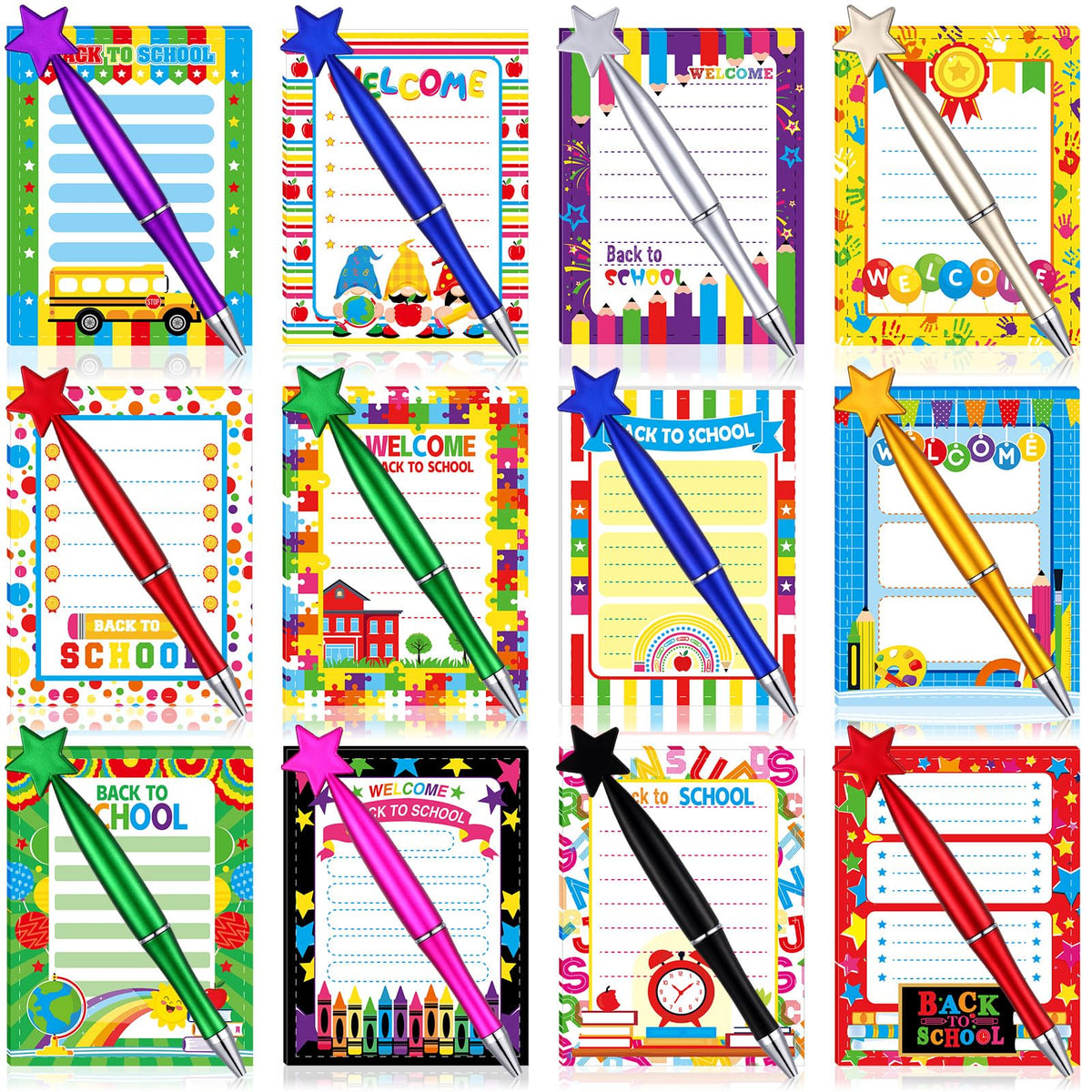 Eaasty 48 Pcs School Notepad Pen Set Cute School Gifts Bulk 24 School Mini Notebook 24 Shaped Ballpoint Pen for Student Classroom School Supplies Gift(Colorful,Back to School)
