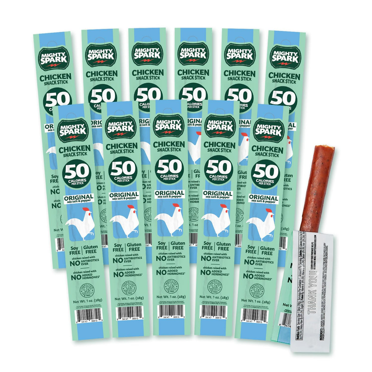 Mighty Spark Chicken Snack Sticks - Original Sea Salt & Pepper- 6g of Protein, No Antibiotics Ever, No Hormones Added, Gluten Free, Soy Free Meat Sticks - High Protein Keto Snacks, Weight Watchers Approved Snacks - 12 Count