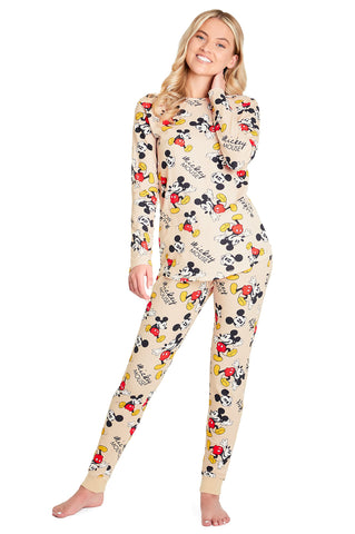 Disney Stitch Womens Pyjamas Set - Nightwear Top and Long Bottoms PJs Lounge Set Women and Teenagers S-XL Stitch Gifts (Beige Mickey, XL)
