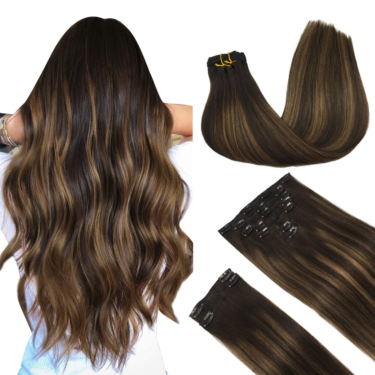 MAXITA Human Hair Clip in Extensions, Balayage Dark Brown Mixed Chestnut Brown 9pcs 14 Inch 150g Real Human Hair Extensions, Short Straight Human Hair Extension Remy Hair Extension for Women