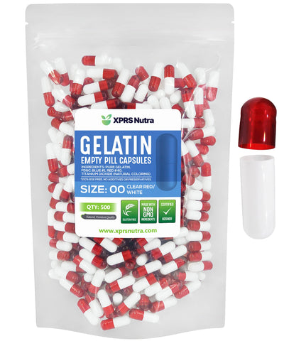 XPRS Nutra Size 00 Empty Capsules - 500 Count Empty Gelatin Capsules - Empty Pill Capsules - DIY Capsule Filling - Fillable Pill Capsules Empty Gel Caps (Clear Red/White)