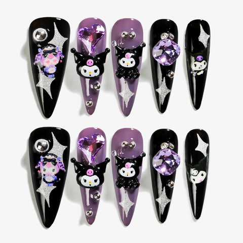 Sun&Beam Nails Handmade Press-on Nails Long Almond Stiletto Black Pink Kuromi 3D Y2K Design False Tips 10Pcs (#109 L)