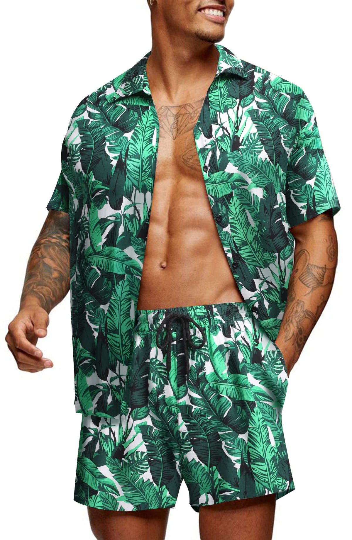 COOFANDY Men's Hawaiian Shirts Matching Shirt And Shorts Set 2-piece Swimsuit Outfit
