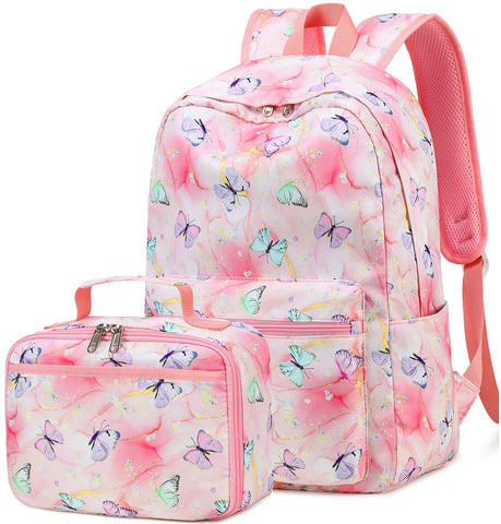 Kids Backpack for Girls Butterfly Preschool Bookbag with Lunch Box Kindergarten School Bag Set for Young Elementary Students (pink, 16L)