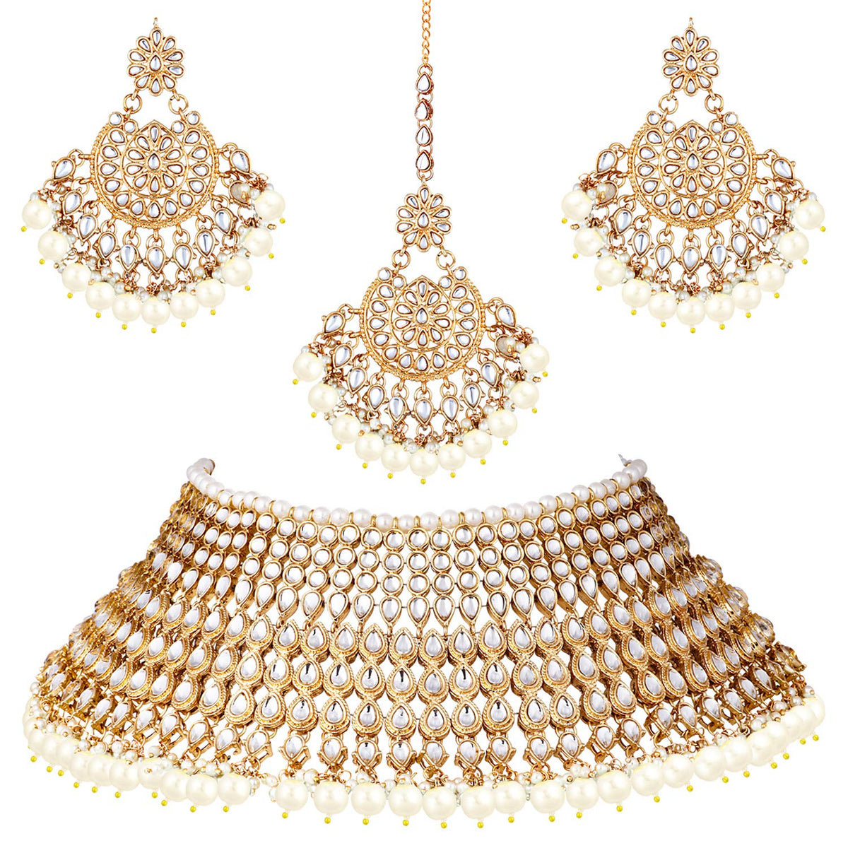 Aheli Wedding Designer Faux Kundan Indian Bridal Necklace with Maang Tikka Set Ethnic Traditional Jewelry for Women (White)