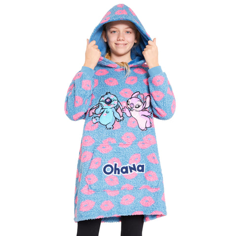 Disney Stitch Fleece Hoodie Blanket for Kids and Teenagers - One Size Fluffy Oversized Hoodie - Stitch Gifts (Blue Stitch/Angel)