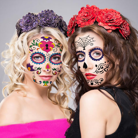 Day of The Dead Temporary Face Tattoos 8 Halloween Sheets Sugar Skull Stickers for Women Men Adults Black Skeleton Glitter Mexican Halloween Masquerade and Parties Decor Supplies