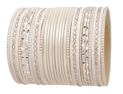 NEW! Touchstone "Colorful 2 Dozen Bangle Collection" Indian Bollywood Alloy Metal Textured Vanilla White Designer Jewelry Special Large Size Bangle Bracelets Set Of 24 In Antique Gold Tone For Women
