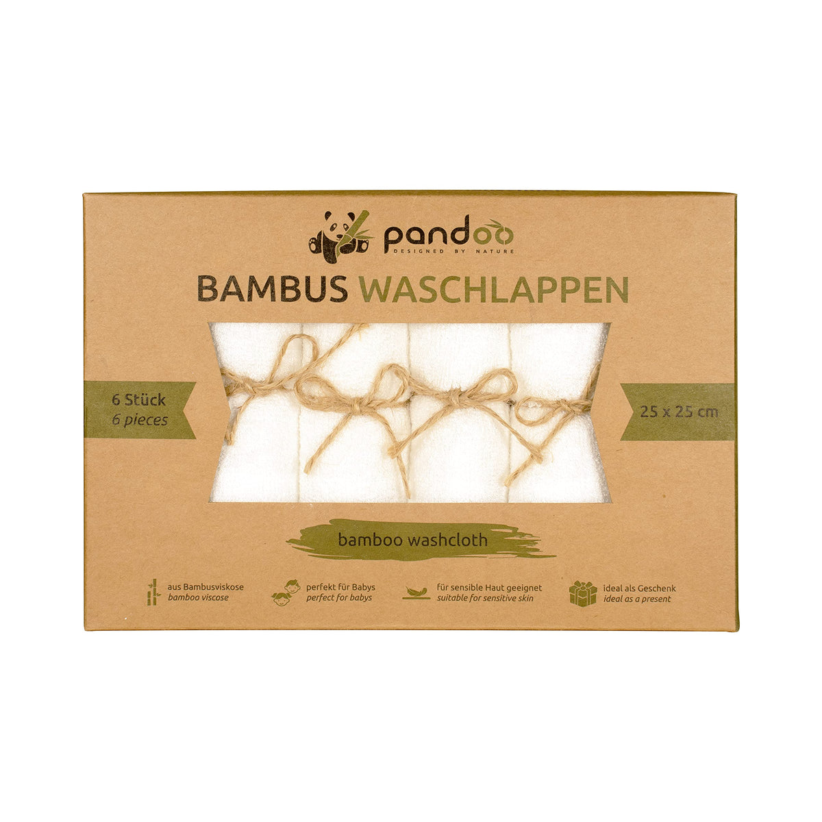 pandoo 100% Bamboo Baby washcloth - Cuddly Soft, dye Free, Hypoallergenic & Antibacterial for Sensitive Baby Skin - 25x25cm White - 6 Pieces