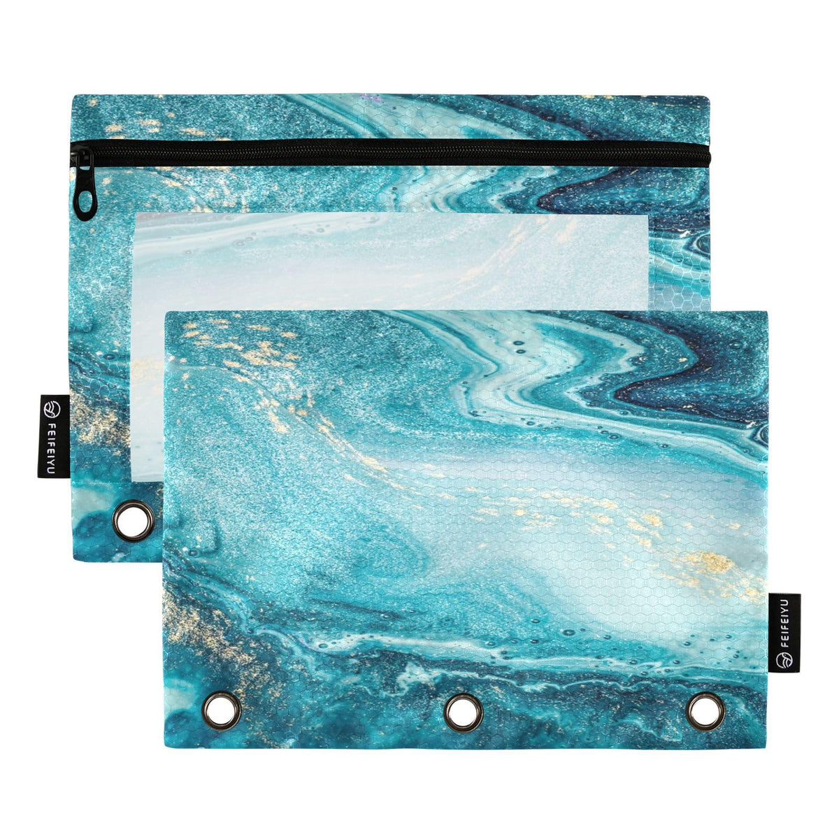 Ocean and Gold Sands Pencil Pouch for 3 Ring Binder Case Clear Window Stationery Bag for Organizers Office Daily College Supplies 2 Pack