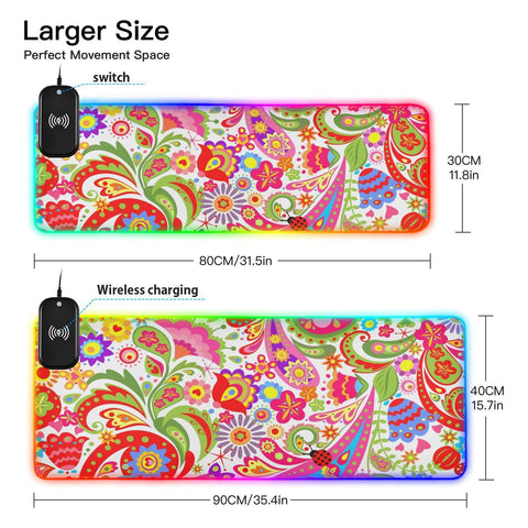 Boho Wireless Charging Mouse Pad for Mobile Phone Extra Large Gaming Mousepad with 13 Lighting Modes Extended Desk Mat for Office Home Gaming MacBook PC Laptop Desk