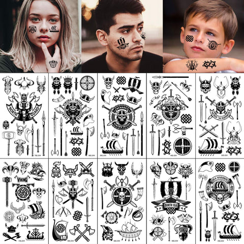 Konsait 130+ Tiny Pirate Temporary Tattoos, Black Viking Pirate Fake Tattoos Body Art Stickers for Girls Boys Kids Party Bag Filler Children's Birthday Gift Pirate Party Supplies Favors Face Hand Arm