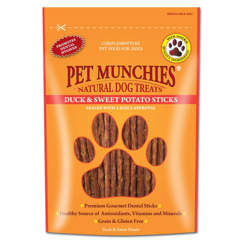 Pet Munchies Duck and Sweet Potato Dog Treats, Healthy Grain Free Dental Sticks with Natural Real Meat 90g (Pack of 8)